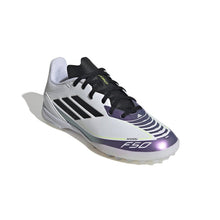 Load image into Gallery viewer, Adidas F50 League Junior TF Messi- White / Core Black/ Unity Purple