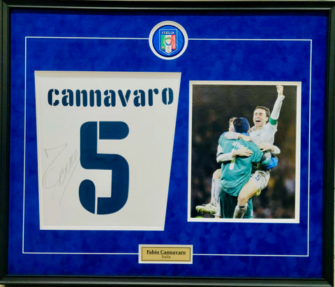 Fabio Cannavaro Signed 2010 World Cup Italy Jersey Number - Framed with Celebratory Photo of Cannavaro & Buffon