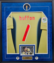 Load image into Gallery viewer, Gianluigi Buffon Signed 2006 Italy World Cup Jersey - Black Framed with Cobalt Blue Suede &amp; Photo
